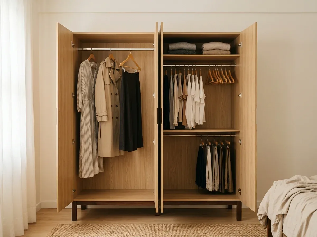 Guarda-roupa aberto com um cabideiro alto para roupas longas e dois cabideiros sobrepostos para camisas e calças