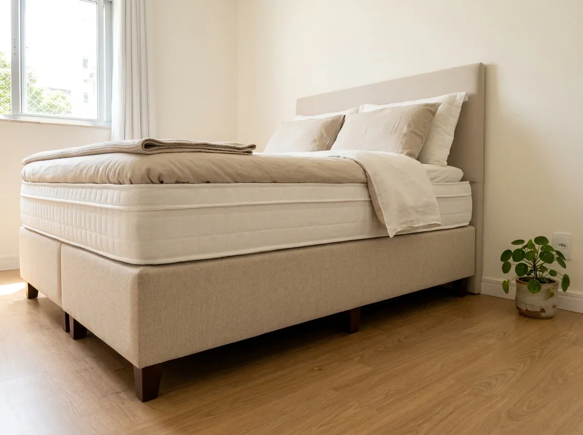 Cama box de casal com pés de madeira, base bege e colchão branco bem visíveis em um quarto claro