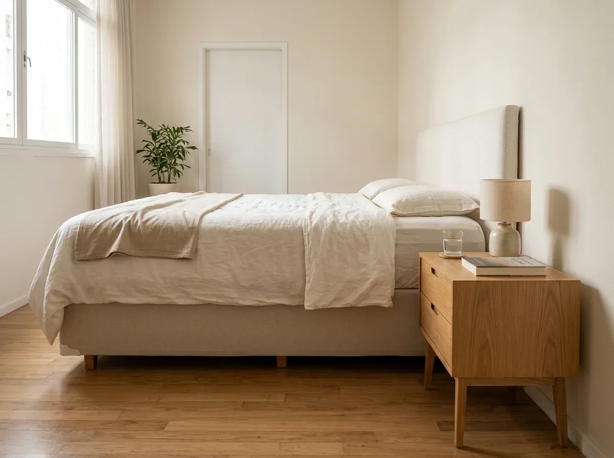 Cama box de casal com roupa de cama bege e mesa de cabeceira de madeira clara ao lado, com o tampo abaixo do colchão