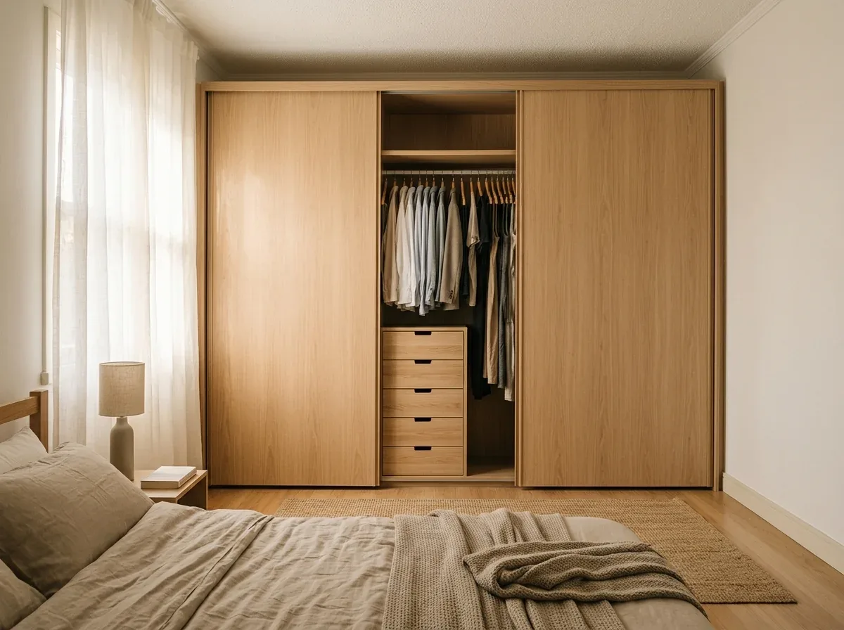 Quarto de casal com um guarda-roupa largo de três portas de correr ocupando a parede e a cama em primeiro plano