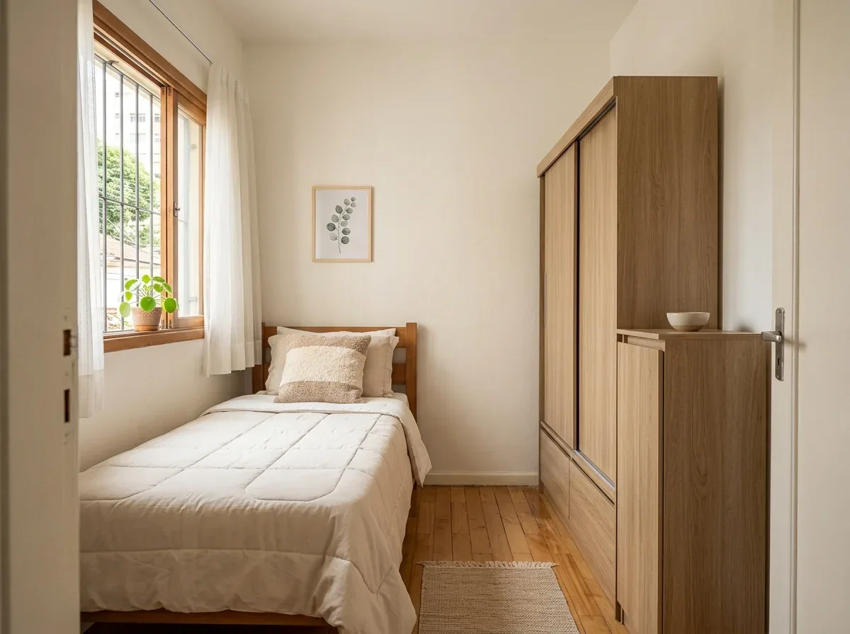 Guarda-roupa de solteiro de madeira clara com duas portas de correr em um quarto pequeno com cama de solteiro