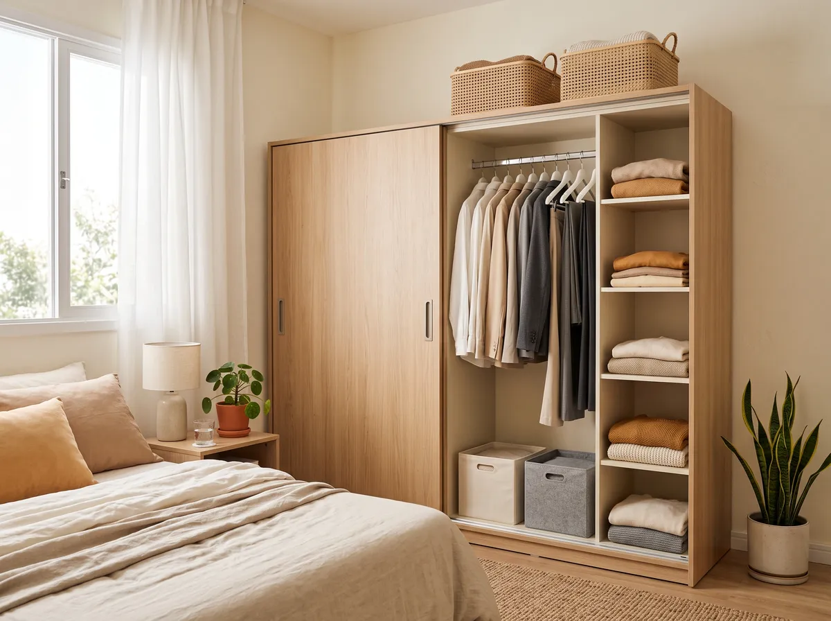 Guarda-roupa compacto de portas de correr em madeira clara, com uma porta aberta mostrando roupas penduradas e prateleiras