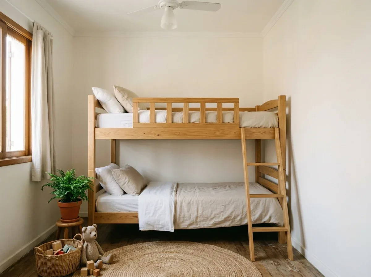 Beliche de madeira clara com escada lateral e grade na cama de cima, em um quarto infantil pequeno
