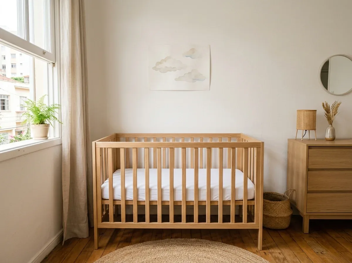 Berço de madeira clara, vazio e só com o colchão, em um quarto de bebê pequeno, com janela à esquerda e cômoda ao lado