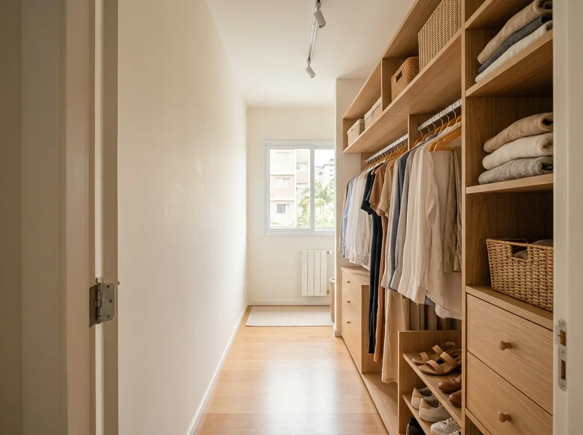 Closet aberto de madeira clara com cabideiro, prateleiras e gavetas, visto do corredor de circulação