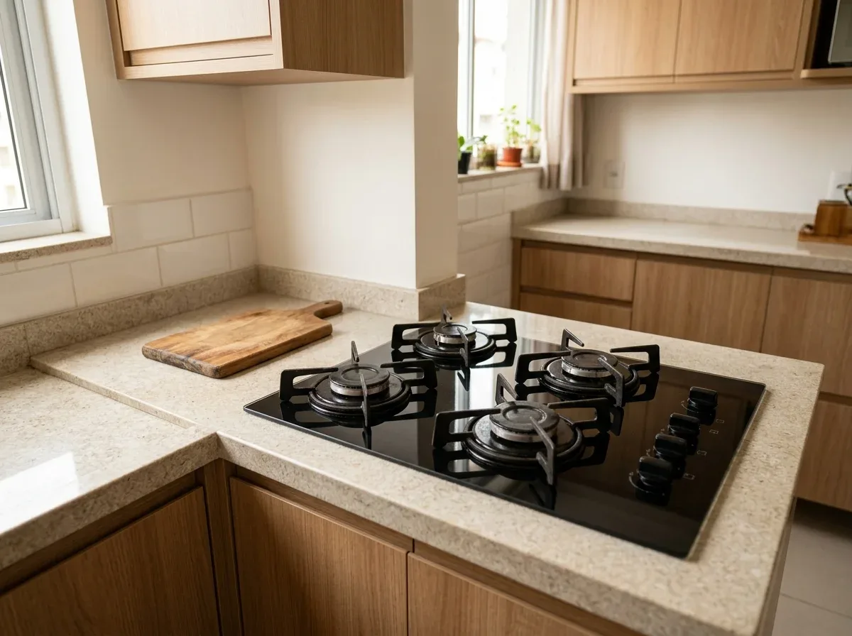 Cooktop preto a gás de quatro bocas embutido numa bancada de pedra clara, visto de cima, numa cozinha pequena com armários de madeira clara