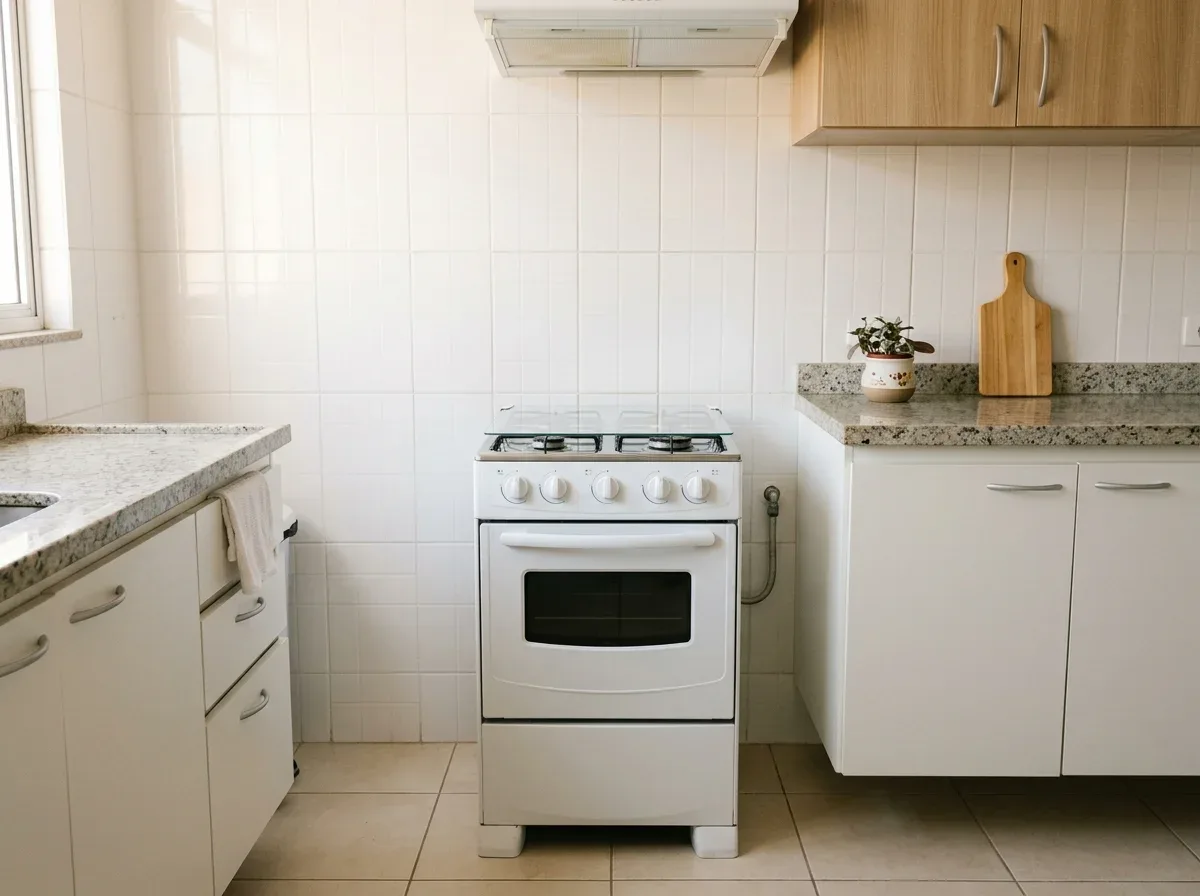 Fogão branco de 4 bocas com tampa de vidro entre dois armários baixos de cozinha, com espaço livre dos lados e uma coifa acima