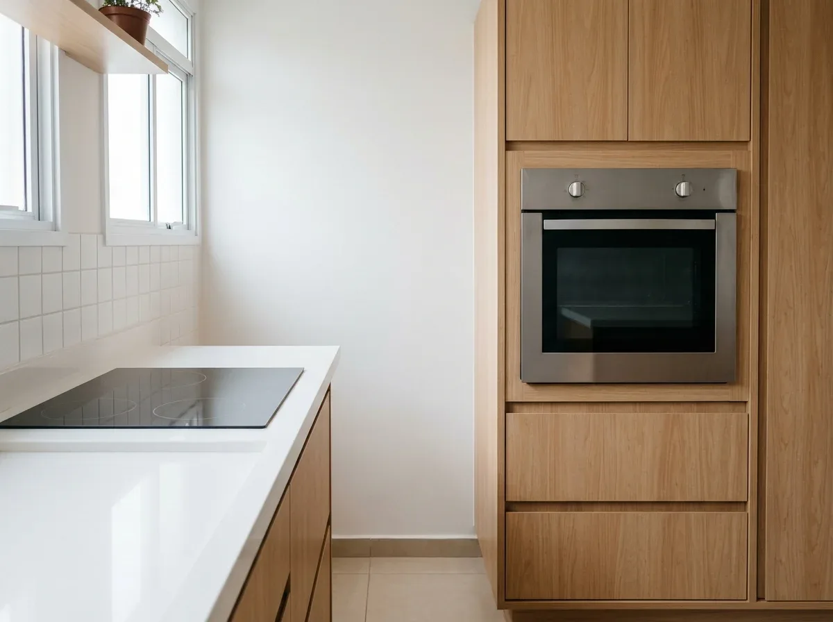 Forno de embutir de inox encaixado num móvel de cozinha em torre, com um armário acima e gavetas abaixo