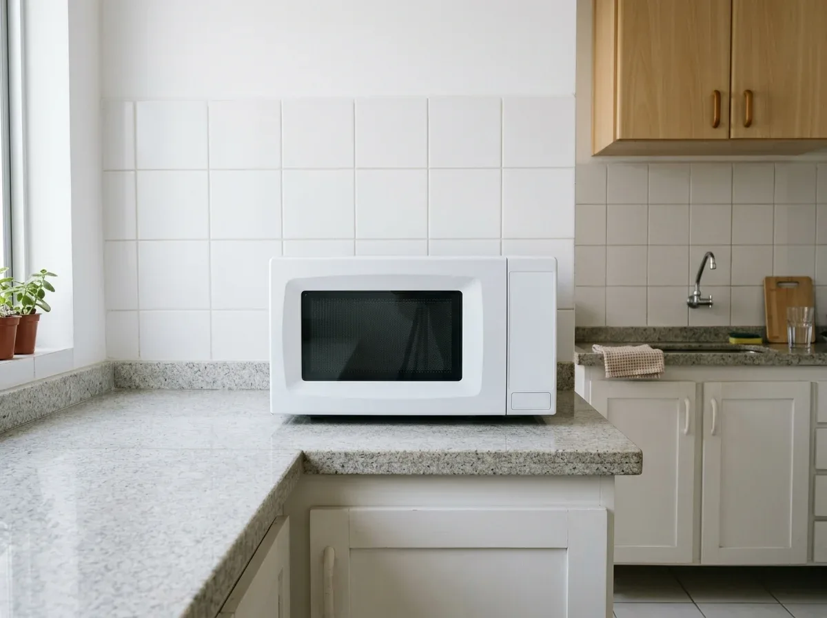 Micro-ondas branco de bancada sobre uma pedra de granito claro, com espaço livre dos lados e em cima, numa cozinha pequena com azulejos brancos