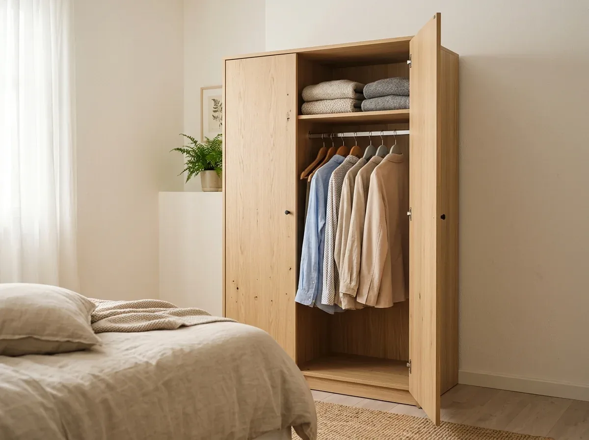 Guarda-roupa de madeira clara com uma porta aberta e cabides vistos de lado, mostrando a profundidade interna