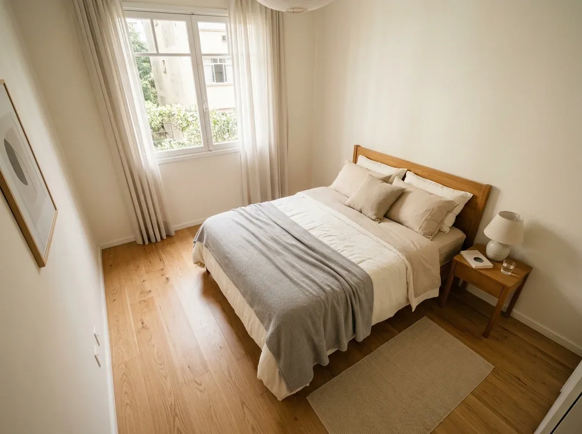 Quarto claro visto do alto com uma cama de casal, mesa de cabeceira e espaço livre ao lado e ao pé da cama